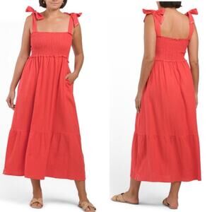 Caryn Lawn Coral Linen Smocked Midi Dress